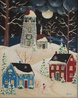 Folk art painting of snowy Christmas village with lighthouse, colorful houses, snowman, and full moon