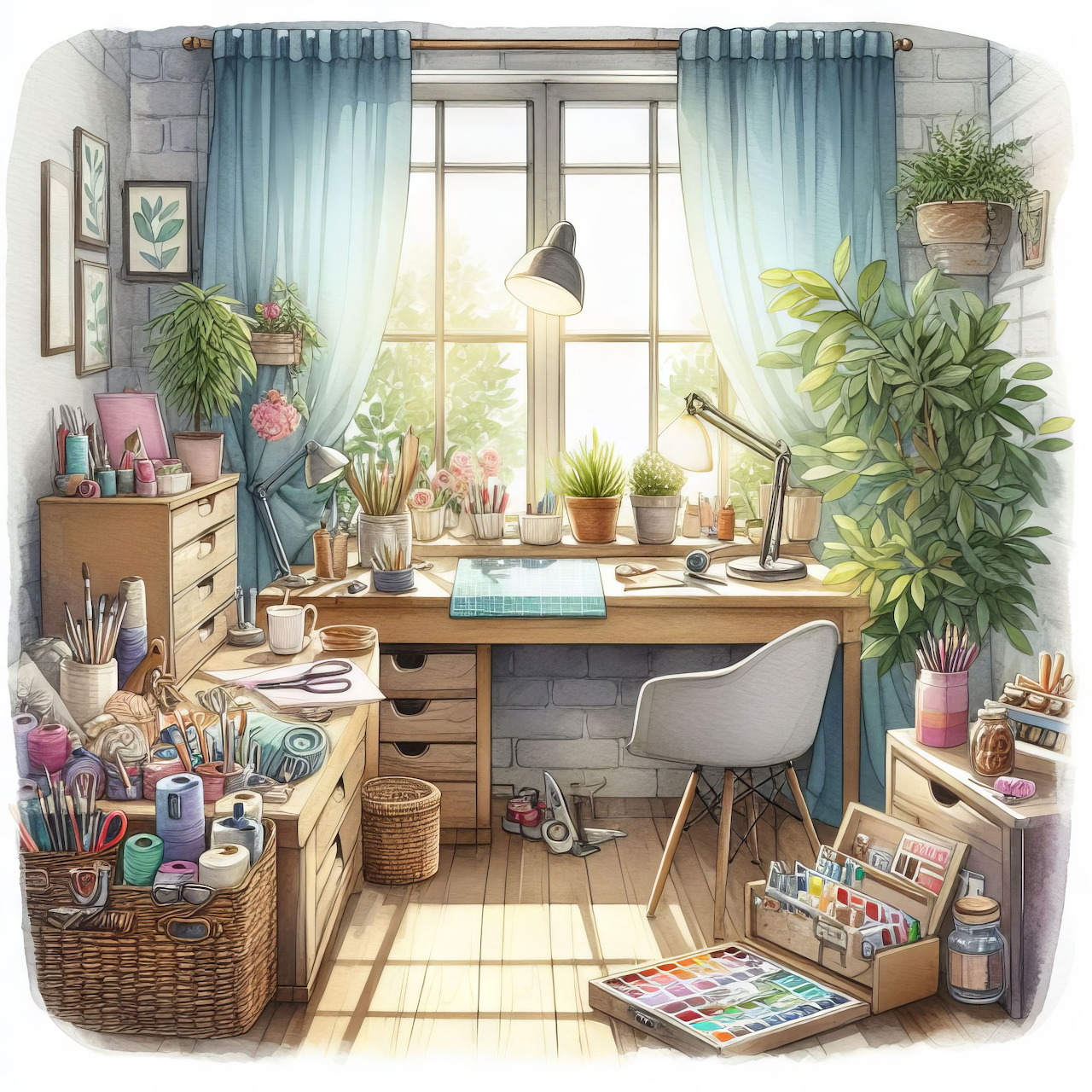Sunlit craft room with desk, plants, art supplies, and blue curtains by window