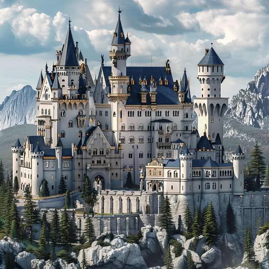 Large stone castle with many towers on a rocky mountain above pine trees