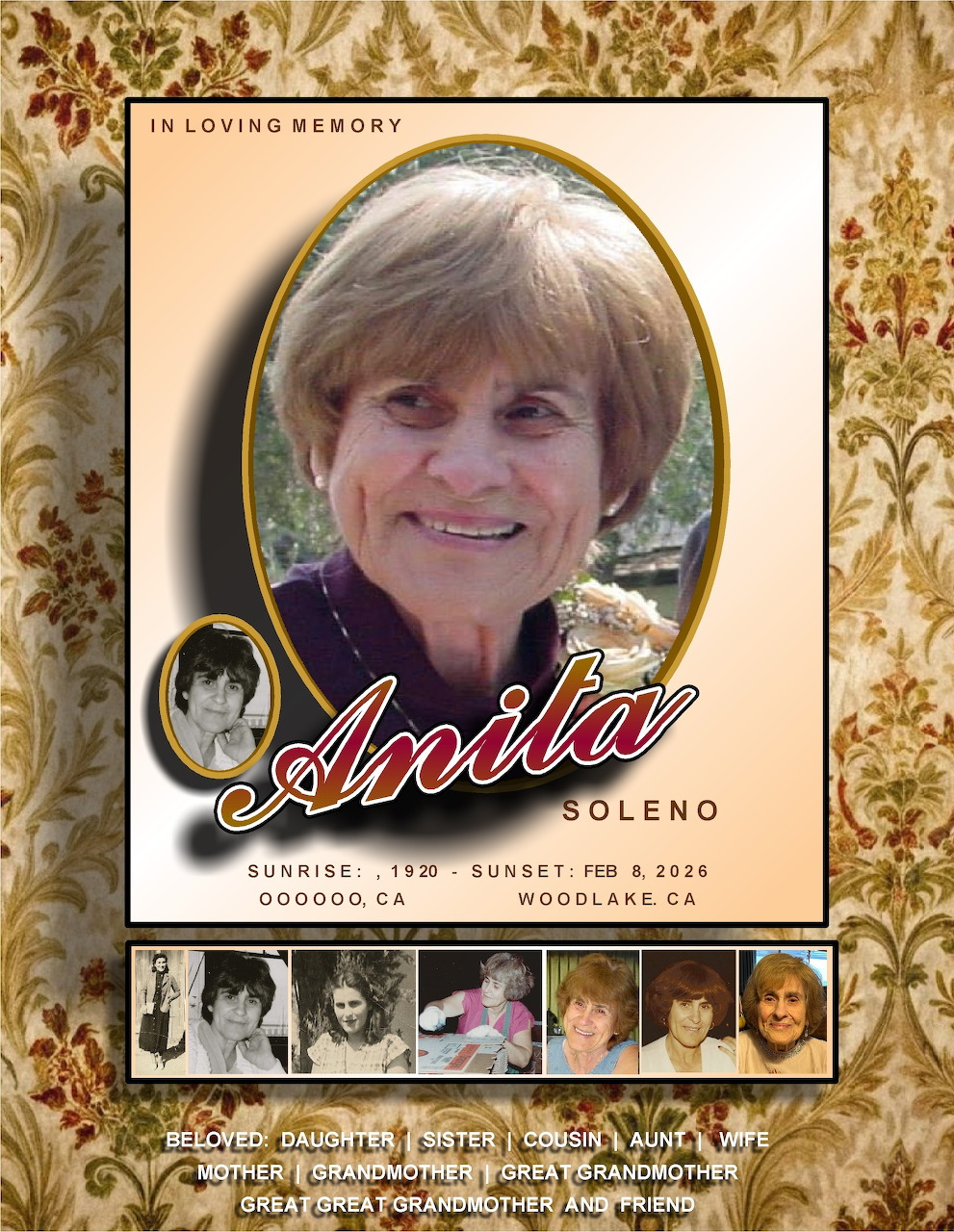 Memorial card for Anita Soleno with her portrait, birth and death dates, and family photos on a floral background.