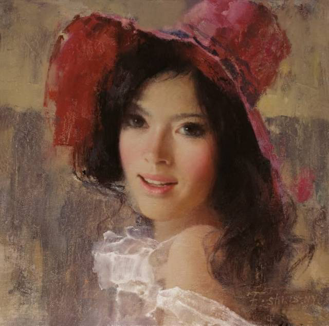Portrait painting of a woman with dark hair wearing a red hat and white ruffled dress