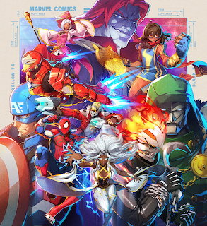 Colorful Marvel Comics cover art with multiple superheroes and villains in an action scene