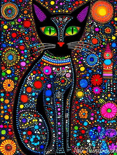 Black cat with green eyes in colorful dot art style with mandala patterns and flowers