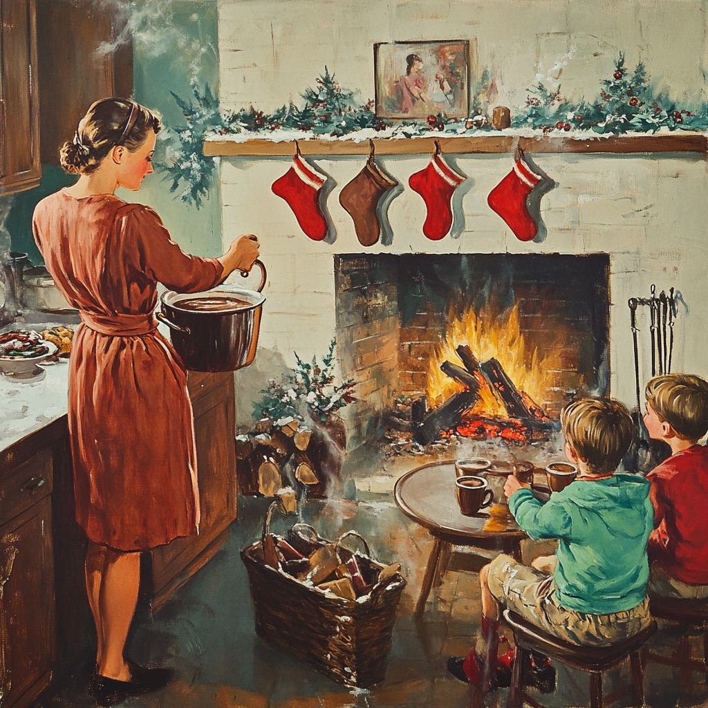 Painting of a woman and two children by a fireplace with Christmas stockings