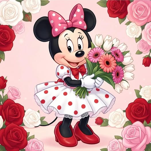 Minnie Mouse holding a bouquet of flowers with roses around her on a pink background