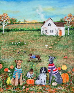 Folk art painting of four dogs wearing sweaters among pumpkins in an autumn farm landscape