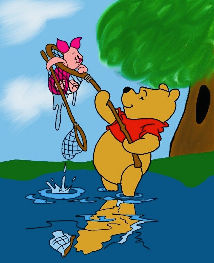 Winnie the Pooh standing in water fishing while Piglet dangles from the fishing rod