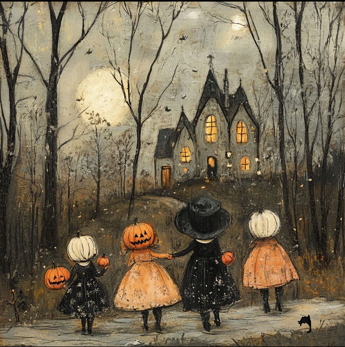 Children in costumes approach a lit haunted house in foggy woods with jack-o'-lanterns and autumn trees