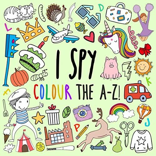 Whimsical collage of colorful A-Z objects including cat, unicorn, rainbow, pumpkin, and toys on cream background