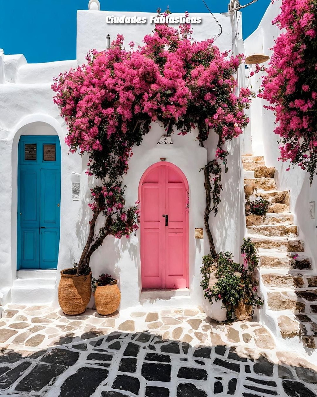 Pink bougainvillea cascading over white Greek doorway with blue door and stone steps
