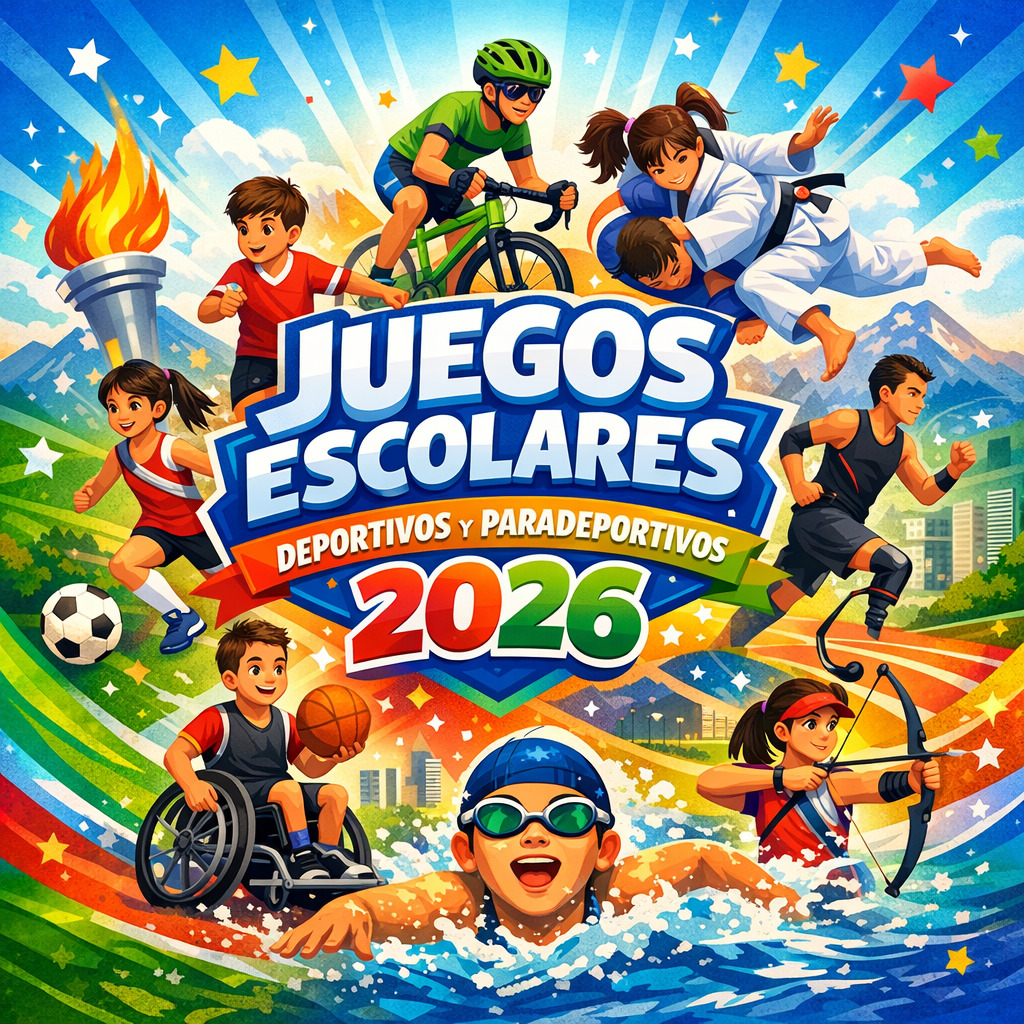 Colorful illustration of school athletes around the text Juegos Escolares 2026