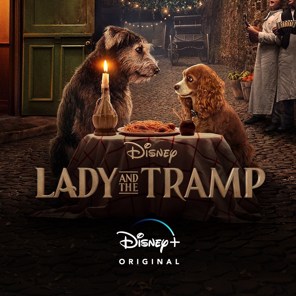 Lady and the Tramp poster with two dogs sharing spaghetti at a candlelit table