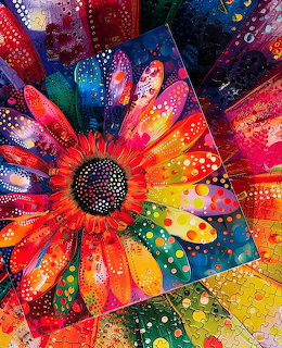 Colorful mandala flower painting with rainbow petals and white dot patterns on multiple canvas panels
