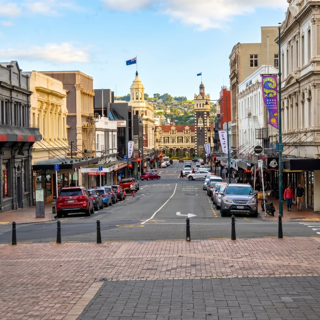 Central Dunedin street lined with historic buildings, parked cars, and a domed building in the distance