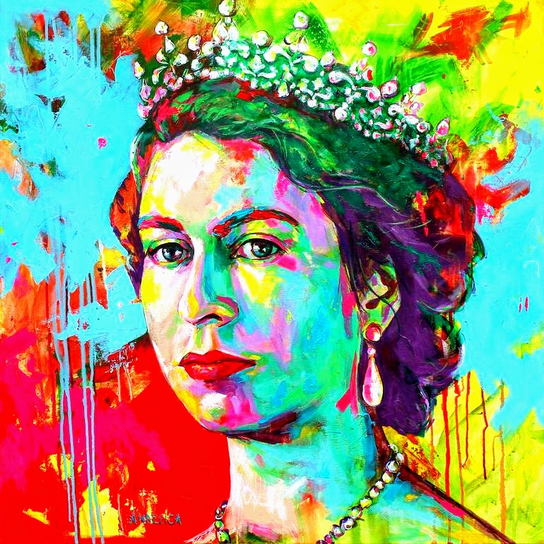 Colorful painting of young Queen Elizabeth II in a tiara and pearl necklace
