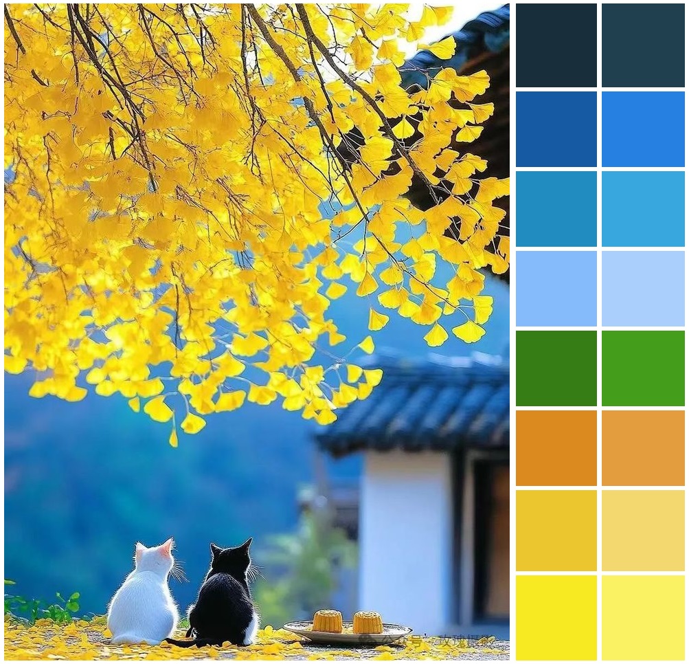 White and black cat sitting under golden yellow tree with blue building behind