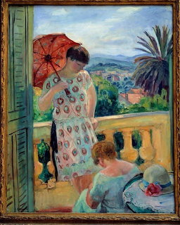 Impressionist painting of two women on a sunny balcony with red parasol and palm tree view