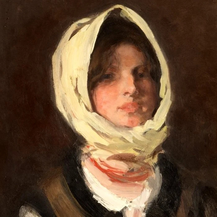Painting of a young woman wearing a white headscarf against a dark background