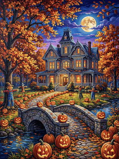 Illustrated haunted Victorian house at Halloween night with pumpkins, scarecrows, stone bridge, and full moon