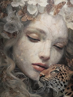 Painting of a serene woman with cracked porcelain skin, butterflies in her hair, and a leopard beside her face