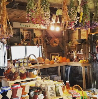 Cozy farm stand interior with hanging dried flowers, wooden shelves, jars, and rustic harvest decor