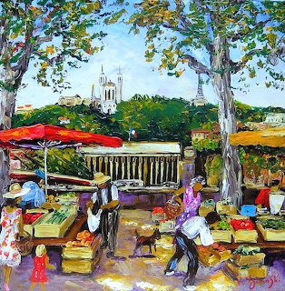 Colorful painting of people shopping at outdoor market stalls with produce under umbrellas and trees