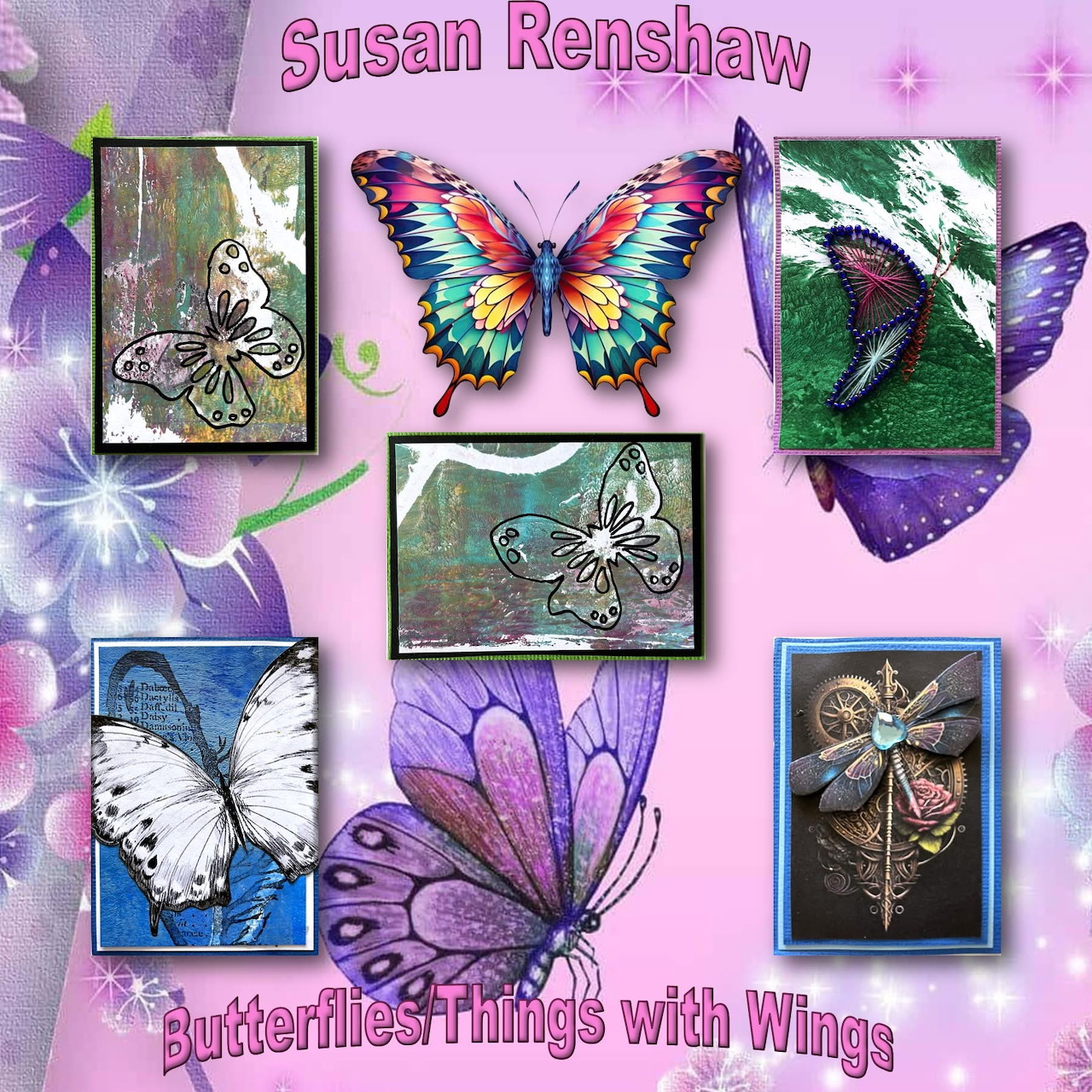Colorful butterfly collage with framed butterfly images on a pink sparkly background