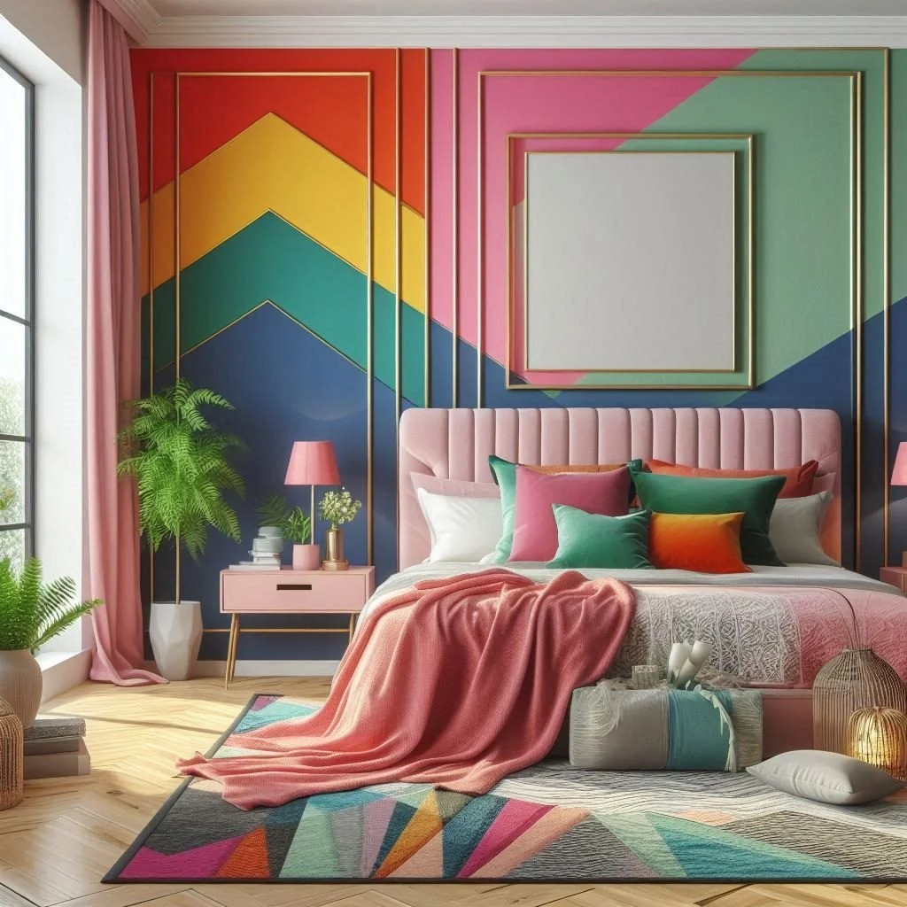 Colorful bedroom with geometric wall mural, pink bed, bright pillows, and modern decor