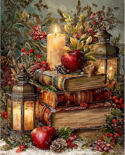 Christmas still life with apples, candles, books, pine branches, and berries in warm lantern light