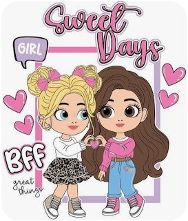 Two cartoon girls making a heart shape with their hands, surrounded by pink hearts and BFF text
