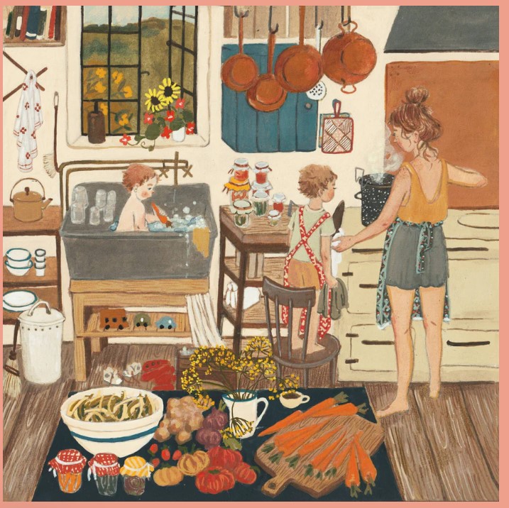 Illustrated cozy kitchen scene with a woman and two children surrounded by food, copper pots, and sunflowers