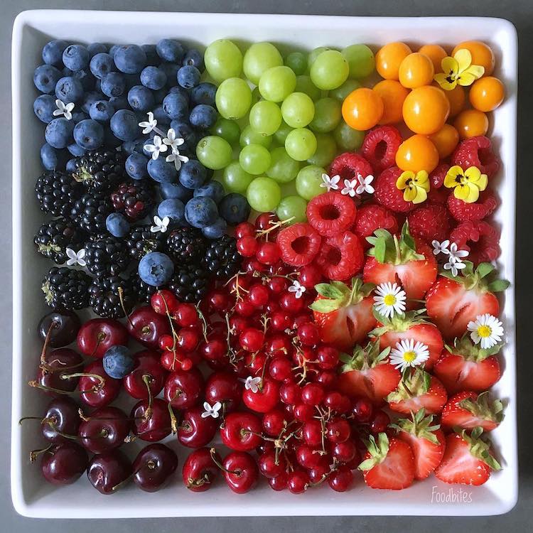 White square dish filled with colorful fresh berries, grapes, cherries, currants, and strawberries