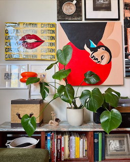 Eclectic gallery wall with pop art paintings, a monstera plant in a white pot on a bookshelf filled with books