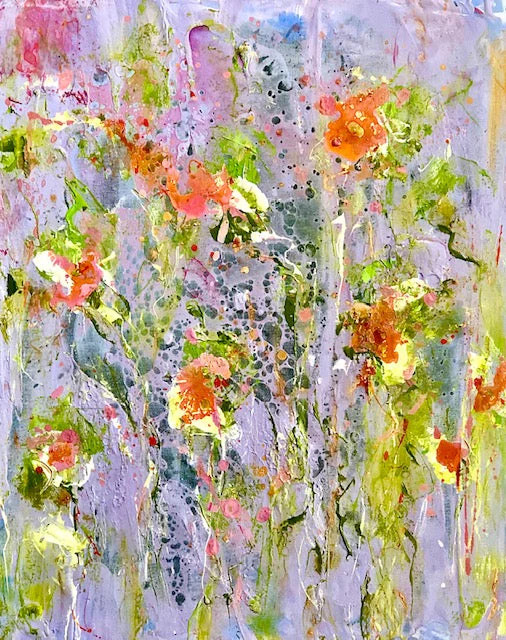Abstract painting of orange and yellow wildflowers with green leaves on a lavender textured background