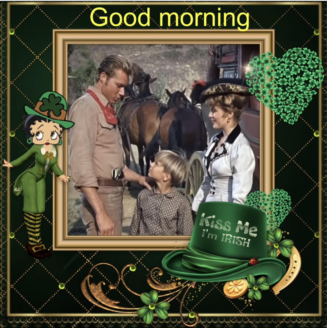 Vintage family photo with horses in gold frame on St. Patrick's Day themed green background with shamrocks