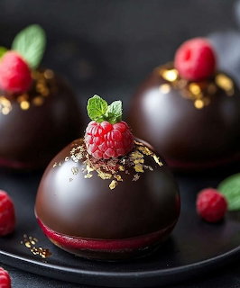 Glossy chocolate dome desserts with raspberry and mint garnish on black plates