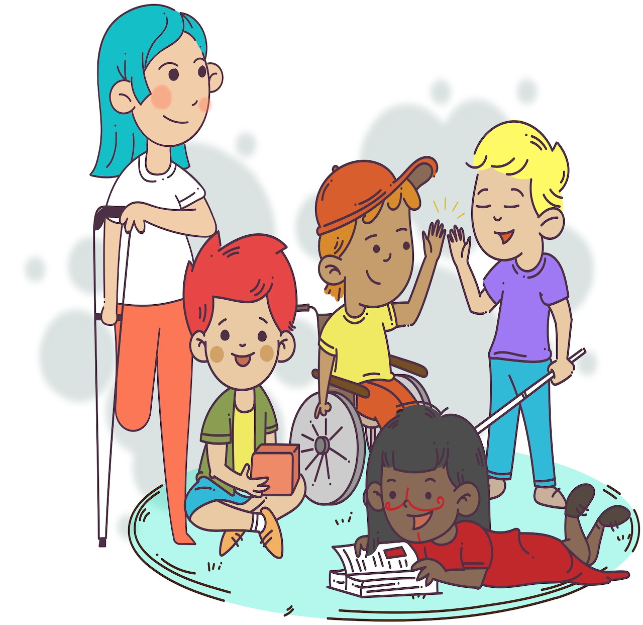 Cartoon of diverse children together, including a child in a wheelchair and a child using crutches