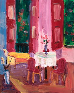 Oil pastel painting of colorful interior room with pink columns, table, chairs and floral walls