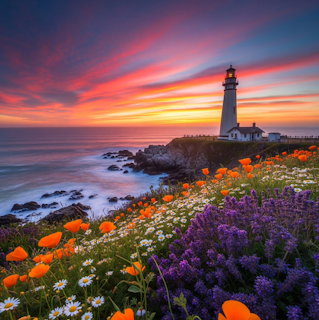 Lighthouse on rocky coast at sunset with colorful wildflowers and dramatic sky