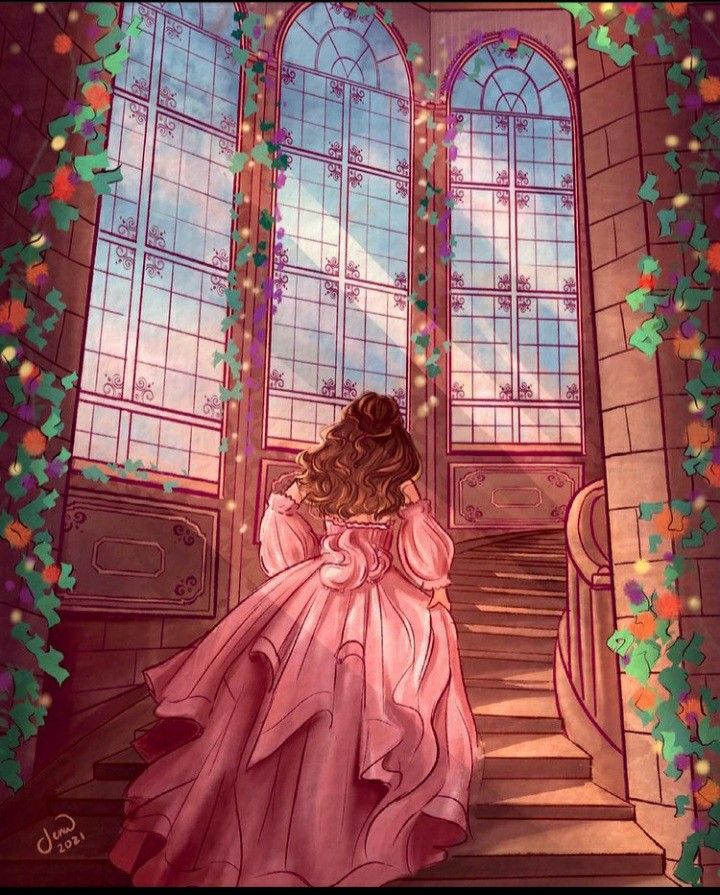 Princess in a pink gown walking up castle stairs toward tall glowing windows with vines