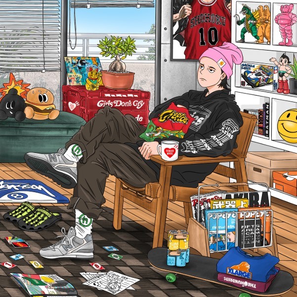 Cartoon teen with pink hair sitting in chair surrounded by posters, snacks, and collectibles in bedroom