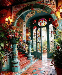 Ornate Art Nouveau interior entrance with decorative arches, columns, stained glass doors, and red staircase