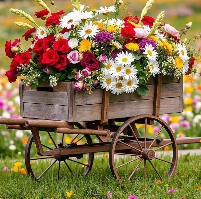 Colorful flowers in rustic wooden wagon cart on lawn
