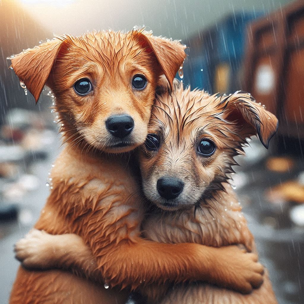 Two fluffy puppies hugging in the rain with blue eyes