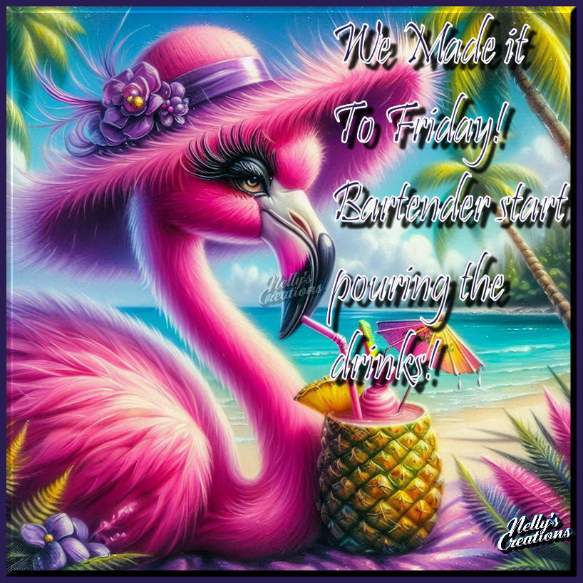 Bright pink flamingo in a purple hat drinking from a pineapple cocktail on a tropical beach