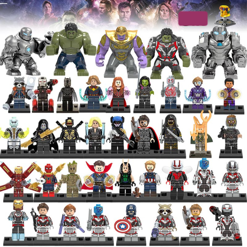 Grid display of Lego Marvel Avengers superhero minifigures including Thanos, Hulk, and other characters