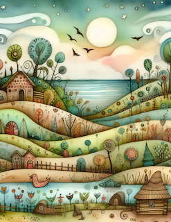 Whimsical pastel landscape with rolling hills, cottages, trees, a lake, birds, and a glowing moon