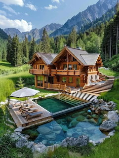 Rustic log cabin with pool in mountain valley surrounded by evergreen forest and peaks