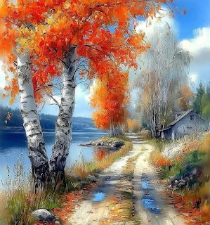 Dirt path through autumn landscape with orange birch trees, lake, and cottage