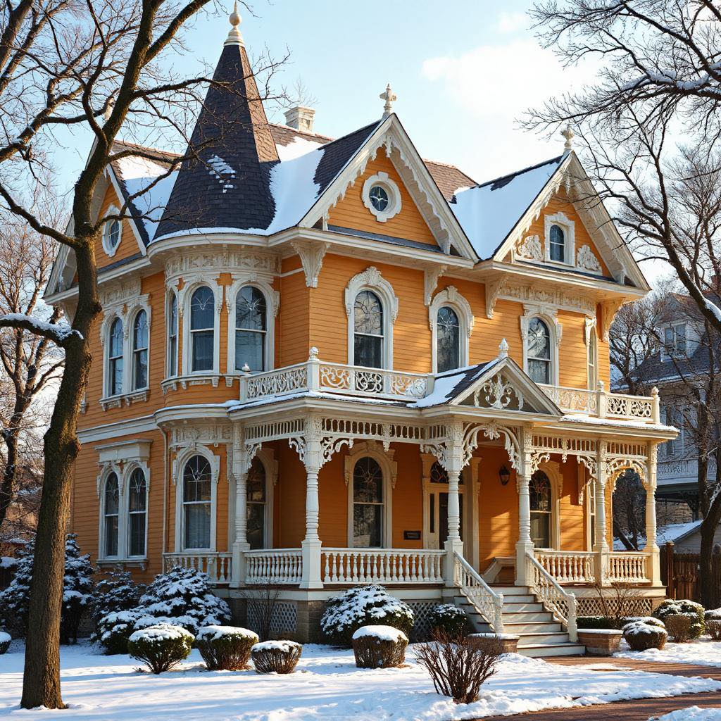 Yellow Victorian mansion with ornate trim in snow-covered yard with bare trees